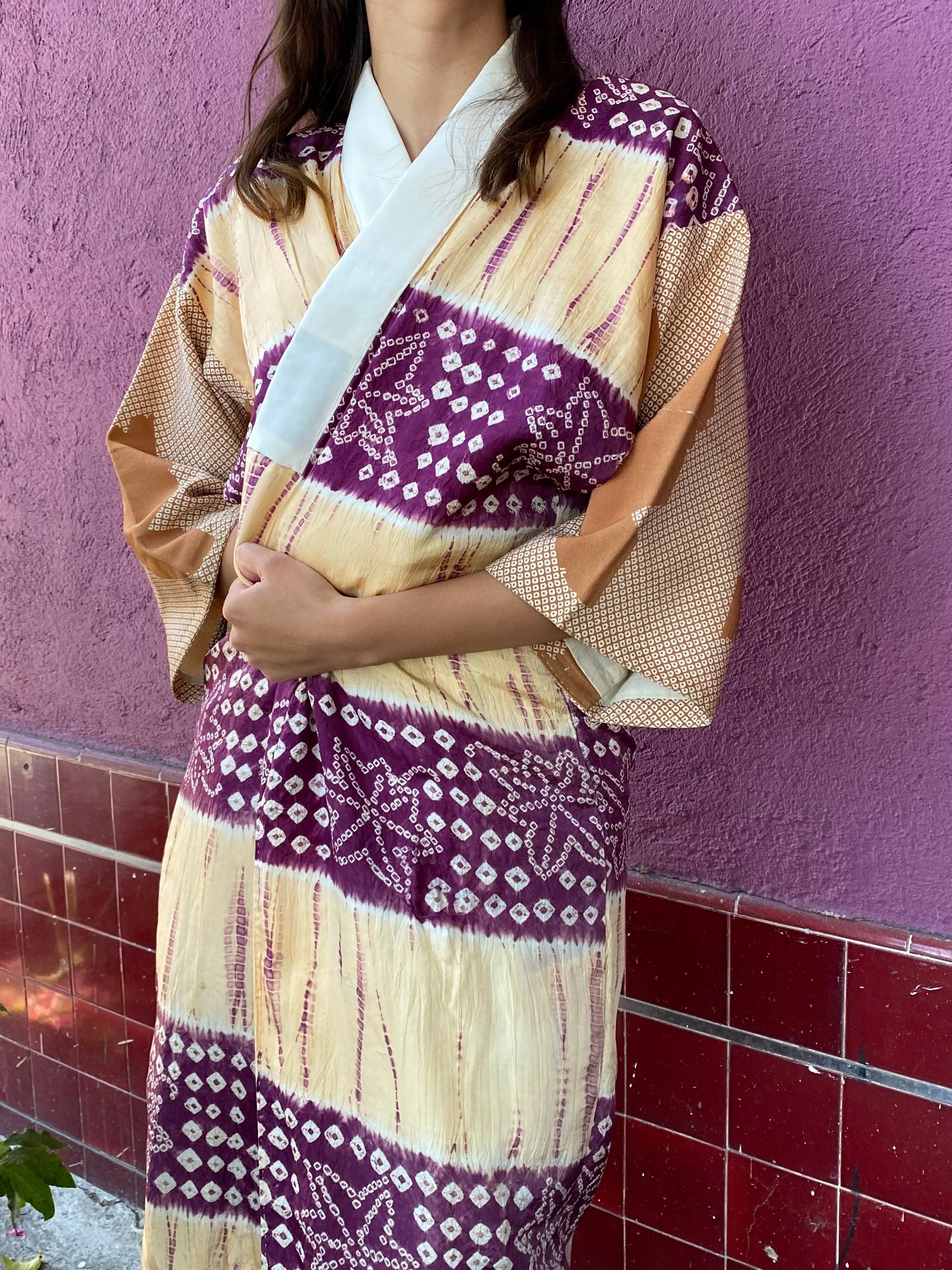 Vintage Silk Purple and Butter Yellow Kimono Jacket