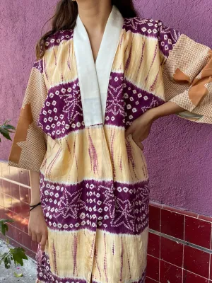 Vintage Silk Purple and Butter Yellow Kimono Jacket