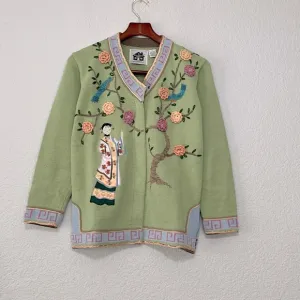 Vintage Storybook Knits Asian Embroidered Cardigan Sweater