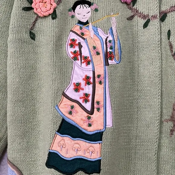 Vintage Storybook Knits Asian Embroidered Cardigan Sweater