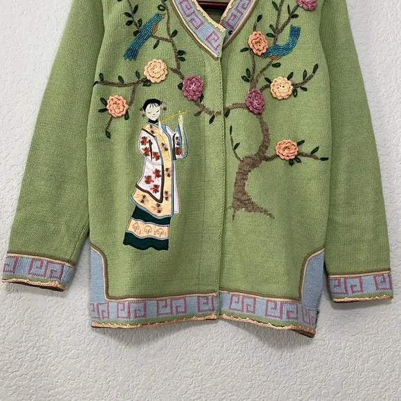 Vintage Storybook Knits Asian Embroidered Cardigan Sweater
