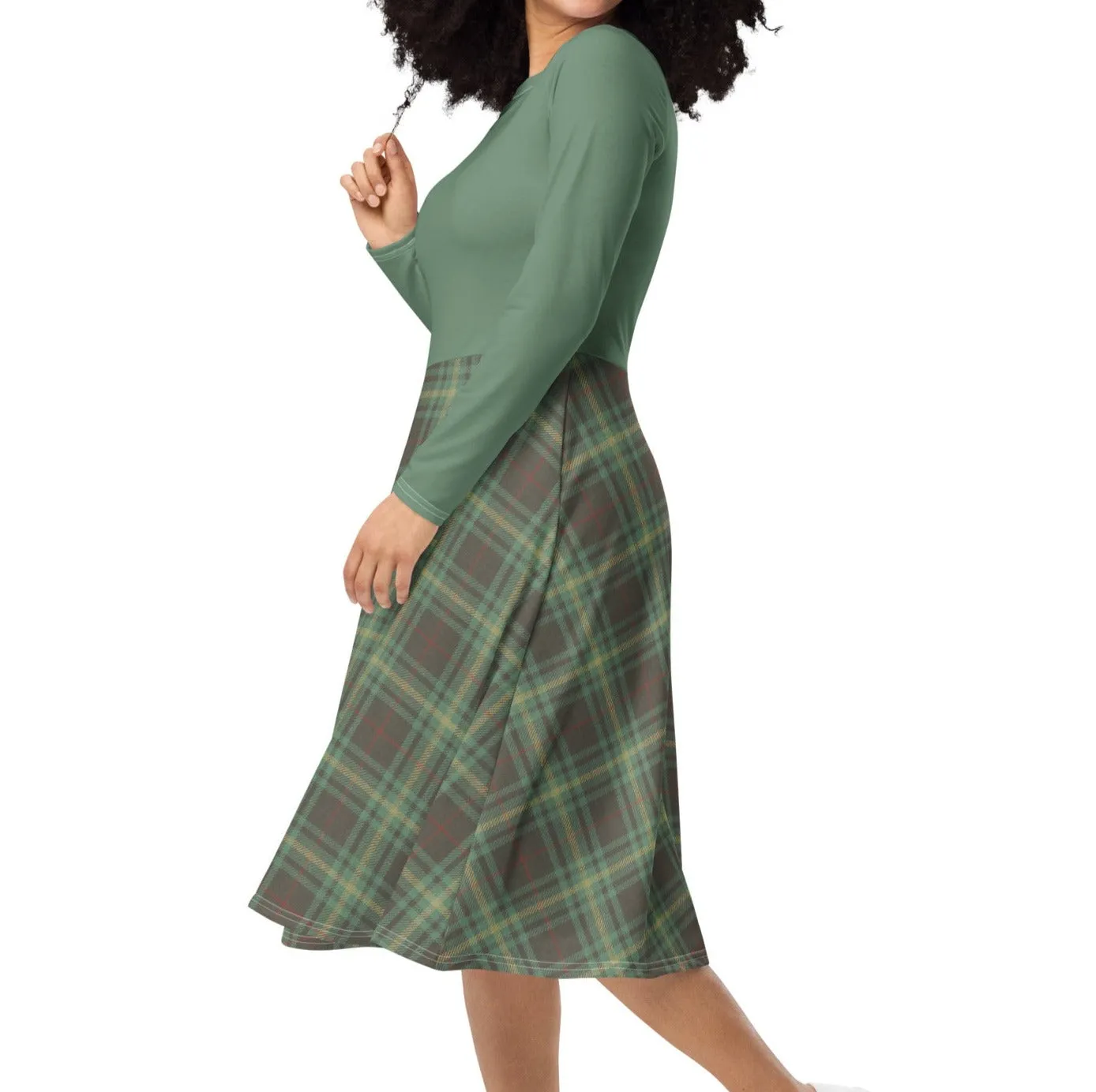 Vintage Teal Plaid Midi Dress (S-6XL)
