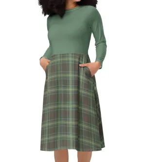 Vintage Teal Plaid Midi Dress (S-6XL)