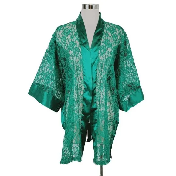 Vintage Victorias Secret Kimono Womens OSFA Green Lace Satin Robe Sheer Y2K 90s