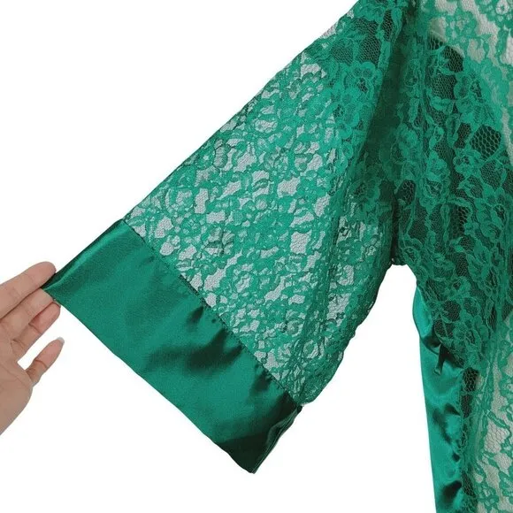 Vintage Victorias Secret Kimono Womens OSFA Green Lace Satin Robe Sheer Y2K 90s