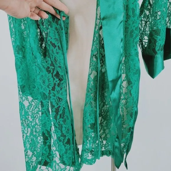 Vintage Victorias Secret Kimono Womens OSFA Green Lace Satin Robe Sheer Y2K 90s