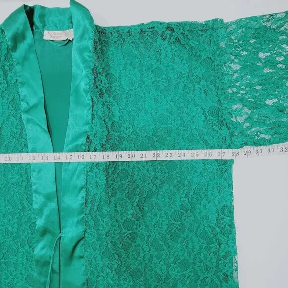 Vintage Victorias Secret Kimono Womens OSFA Green Lace Satin Robe Sheer Y2K 90s