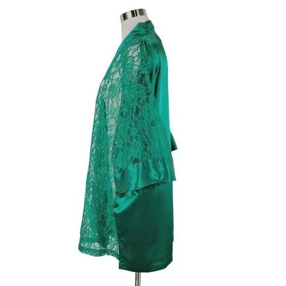 Vintage Victorias Secret Kimono Womens OSFA Green Lace Satin Robe Sheer Y2K 90s