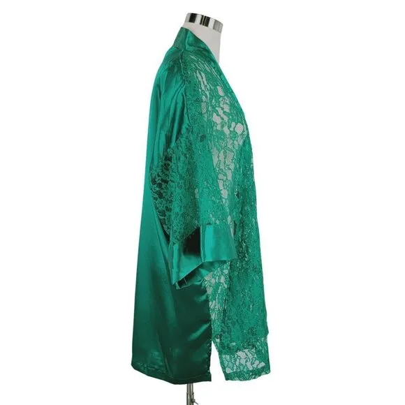 Vintage Victorias Secret Kimono Womens OSFA Green Lace Satin Robe Sheer Y2K 90s