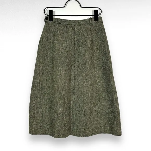 Vintage Wool Tweed Midi Skirt Green White A line Office Preppy Twee Old Money Xs