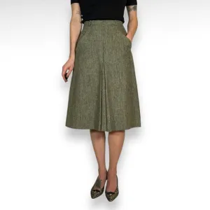 Vintage Wool Tweed Midi Skirt Green White A line Office Preppy Twee Old Money Xs