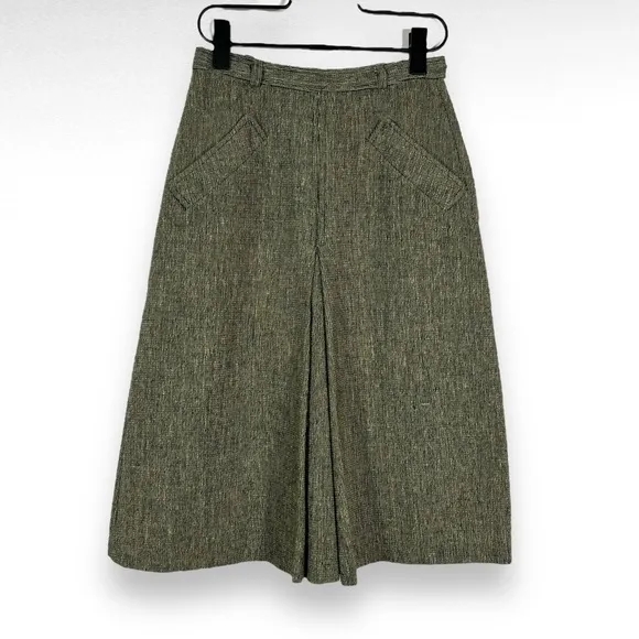 Vintage Wool Tweed Midi Skirt Green White A line Office Preppy Twee Old Money Xs
