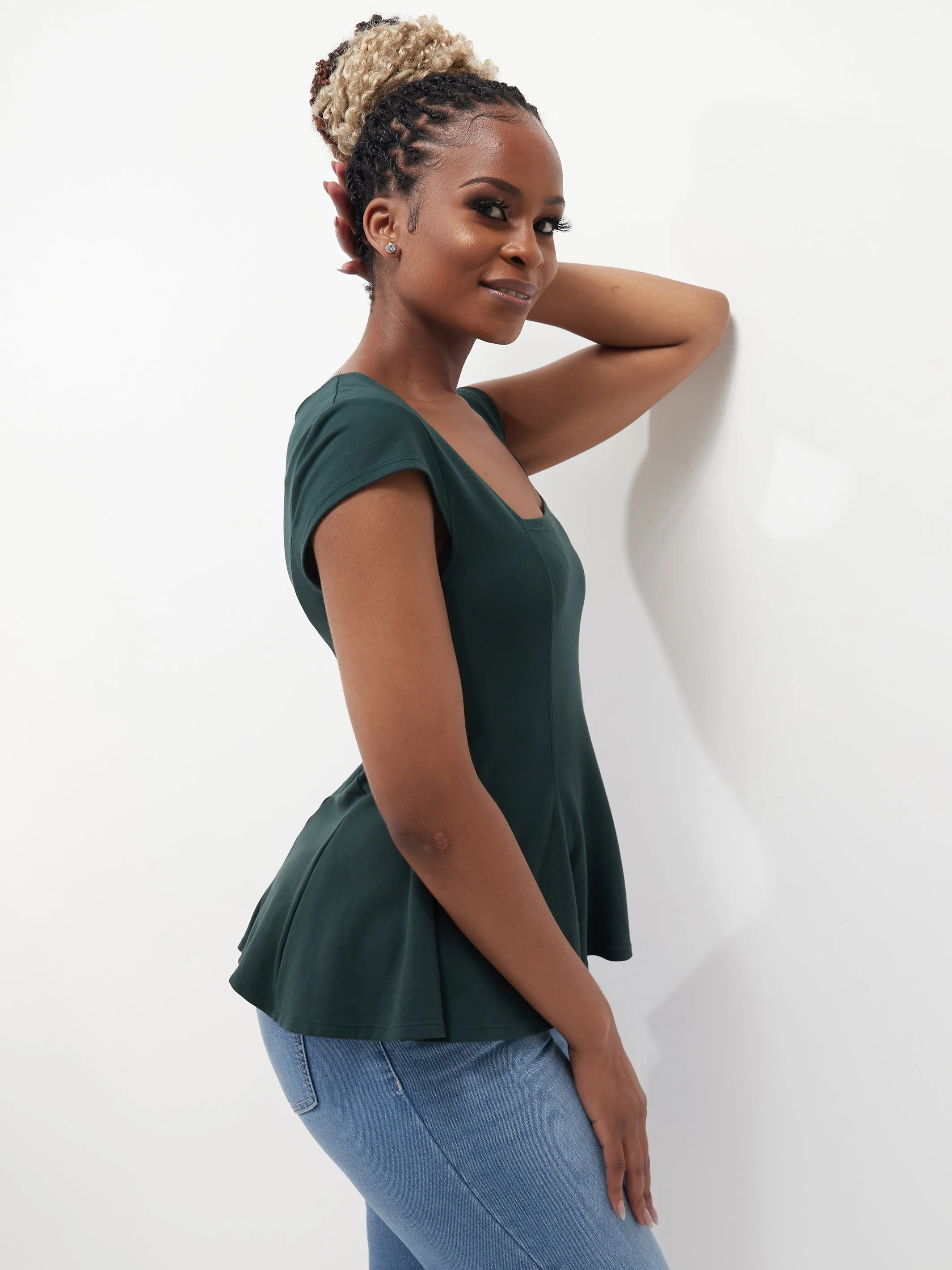 Vivo Ada Peplum Top - Dark Green