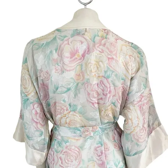 VTG L.A. INTIMATES Romantic Floral Semi Sheer Belted Kimono Robe Satin trim SZ M