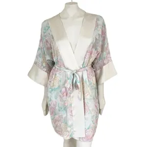 VTG L.A. INTIMATES Romantic Floral Semi Sheer Belted Kimono Robe Satin trim SZ M