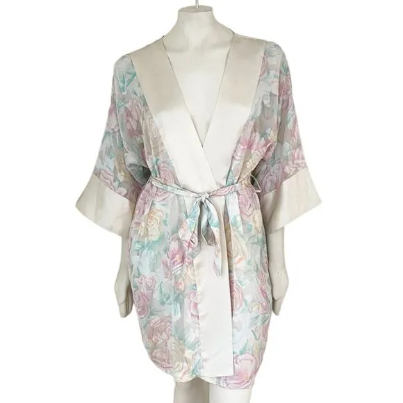VTG L.A. INTIMATES Romantic Floral Semi Sheer Belted Kimono Robe Satin trim SZ M