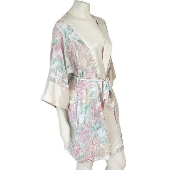 VTG L.A. INTIMATES Romantic Floral Semi Sheer Belted Kimono Robe Satin trim SZ M