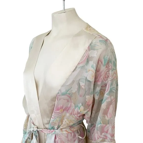 VTG L.A. INTIMATES Romantic Floral Semi Sheer Belted Kimono Robe Satin trim SZ M