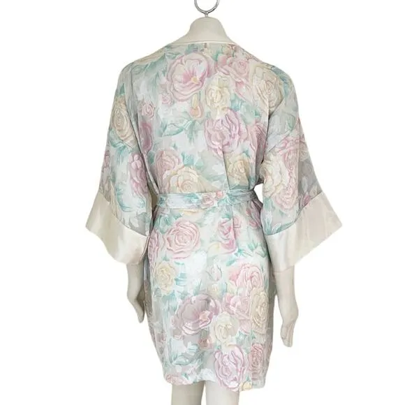 VTG L.A. INTIMATES Romantic Floral Semi Sheer Belted Kimono Robe Satin trim SZ M