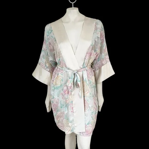VTG L.A. INTIMATES Romantic Floral Semi Sheer Belted Kimono Robe Satin trim SZ M