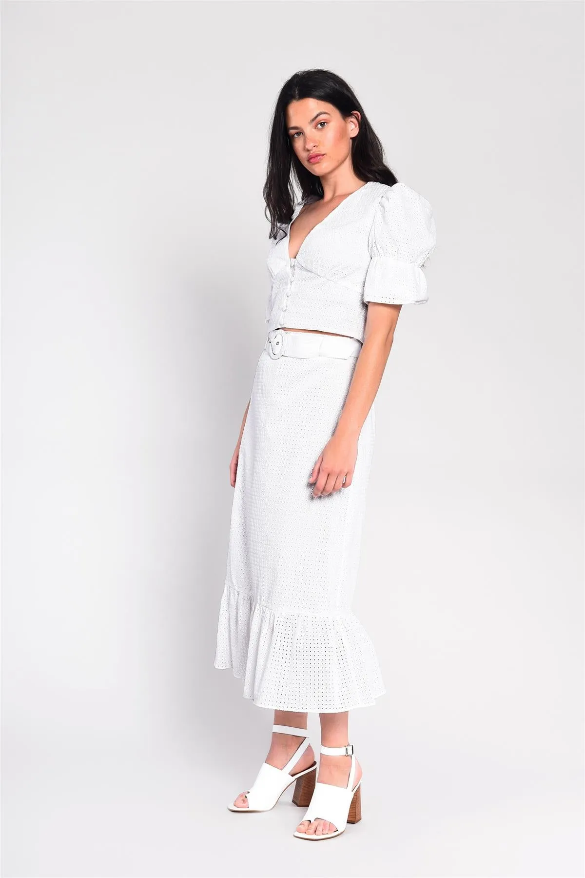 White Belted Midi-Skirt
