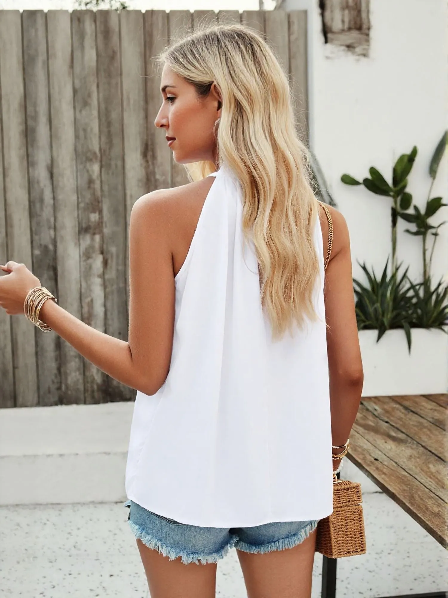 White Halter Neck Top With Pleats