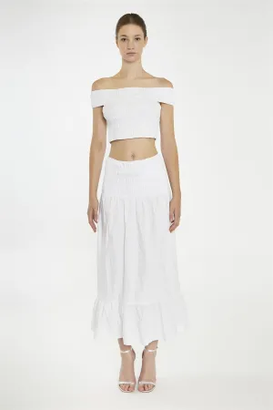 White Shirred-Waist Maxi-Skirt