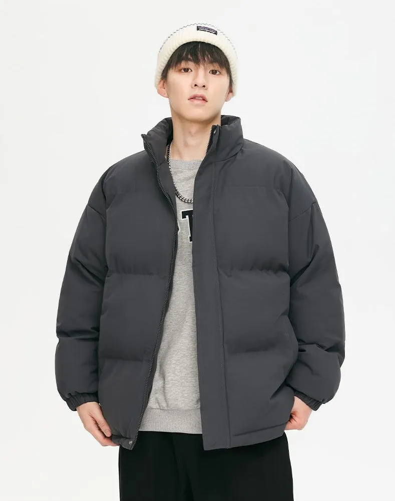 Windproof Quilted Puffer Jacket with Stand-Up Collar
