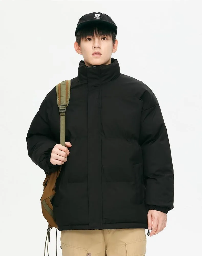 Windproof Quilted Puffer Jacket with Stand-Up Collar