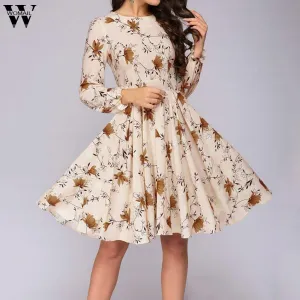 Womail dress Summer Vintage Print Long Sleeve O-Neck A-line party Holiday Elegant Dress Popular NEW 2019 M57
