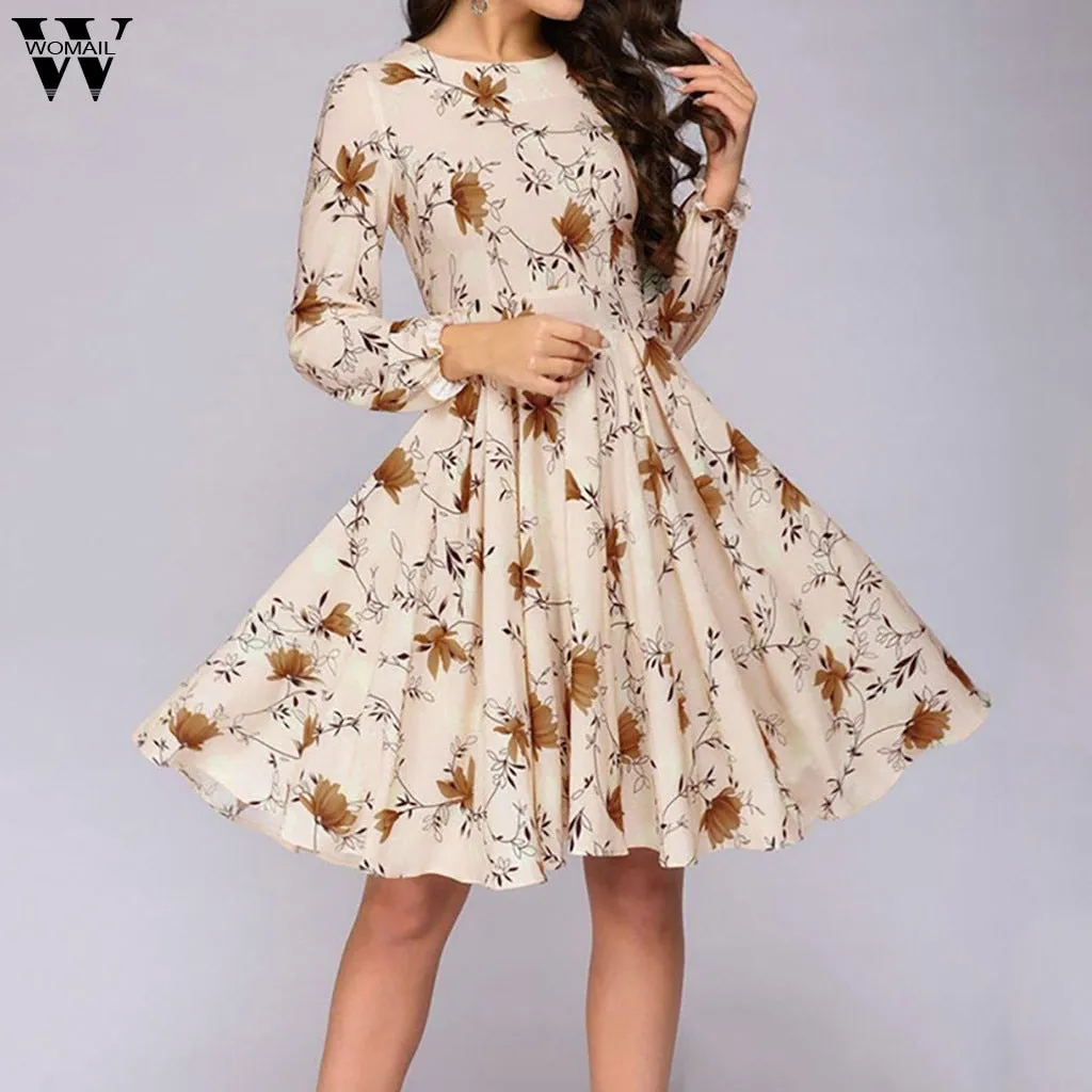 Womail dress Summer Vintage Print Long Sleeve O-Neck A-line party Holiday Elegant Dress Popular NEW 2019 M57