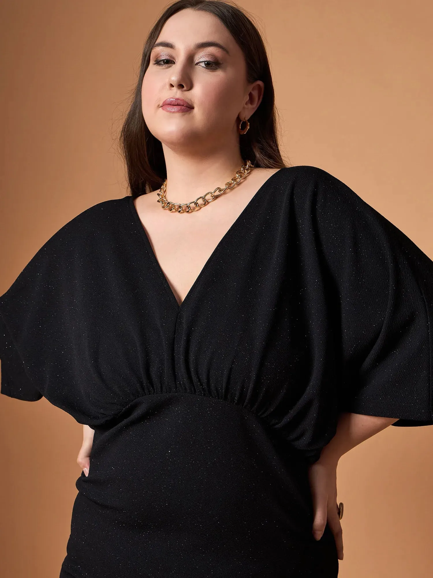 Women Black Glitter Bodycon Kimono Sleeves Dress-SFDRSS12463