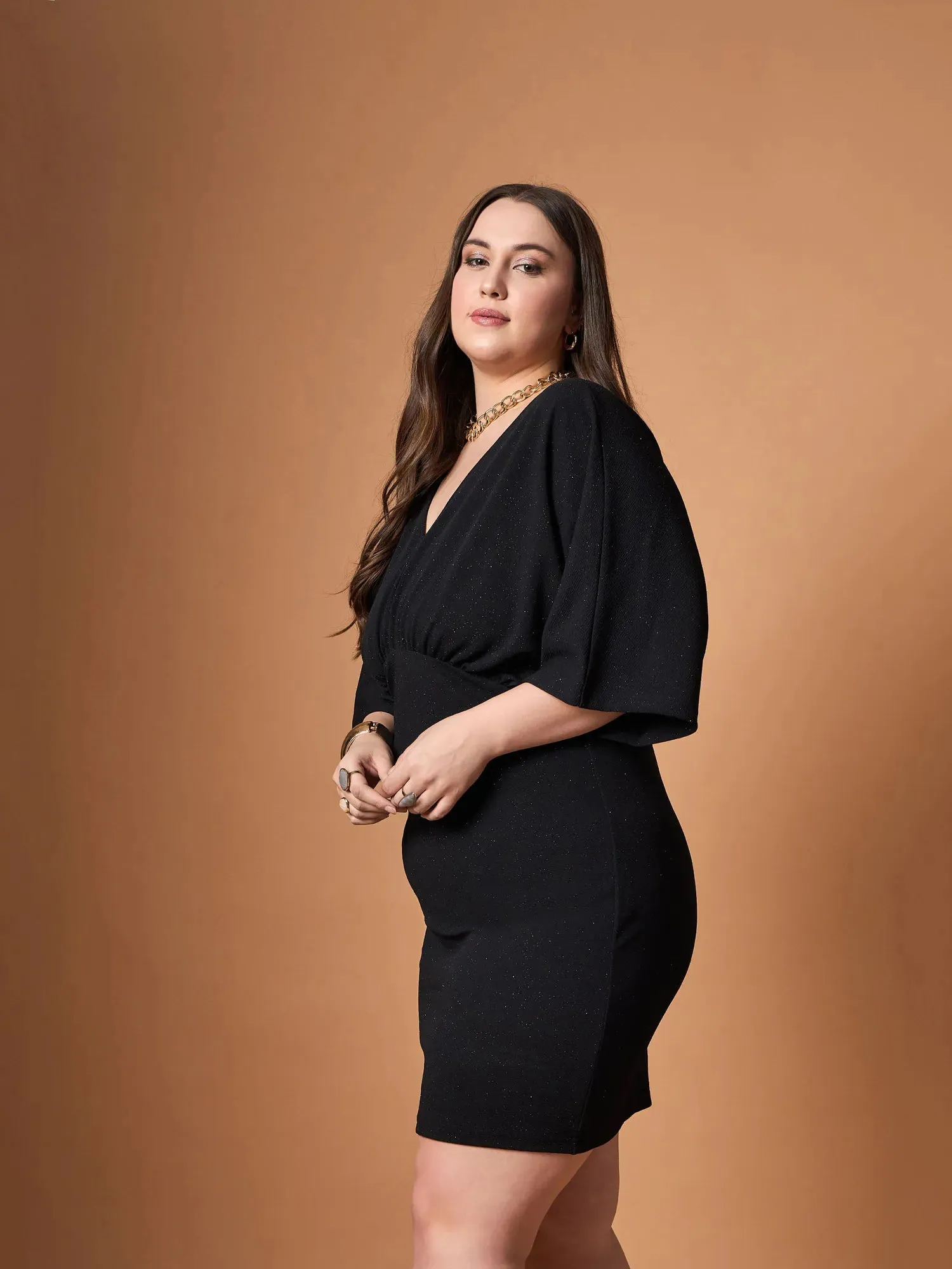 Women Black Glitter Bodycon Kimono Sleeves Dress-SFDRSS12463