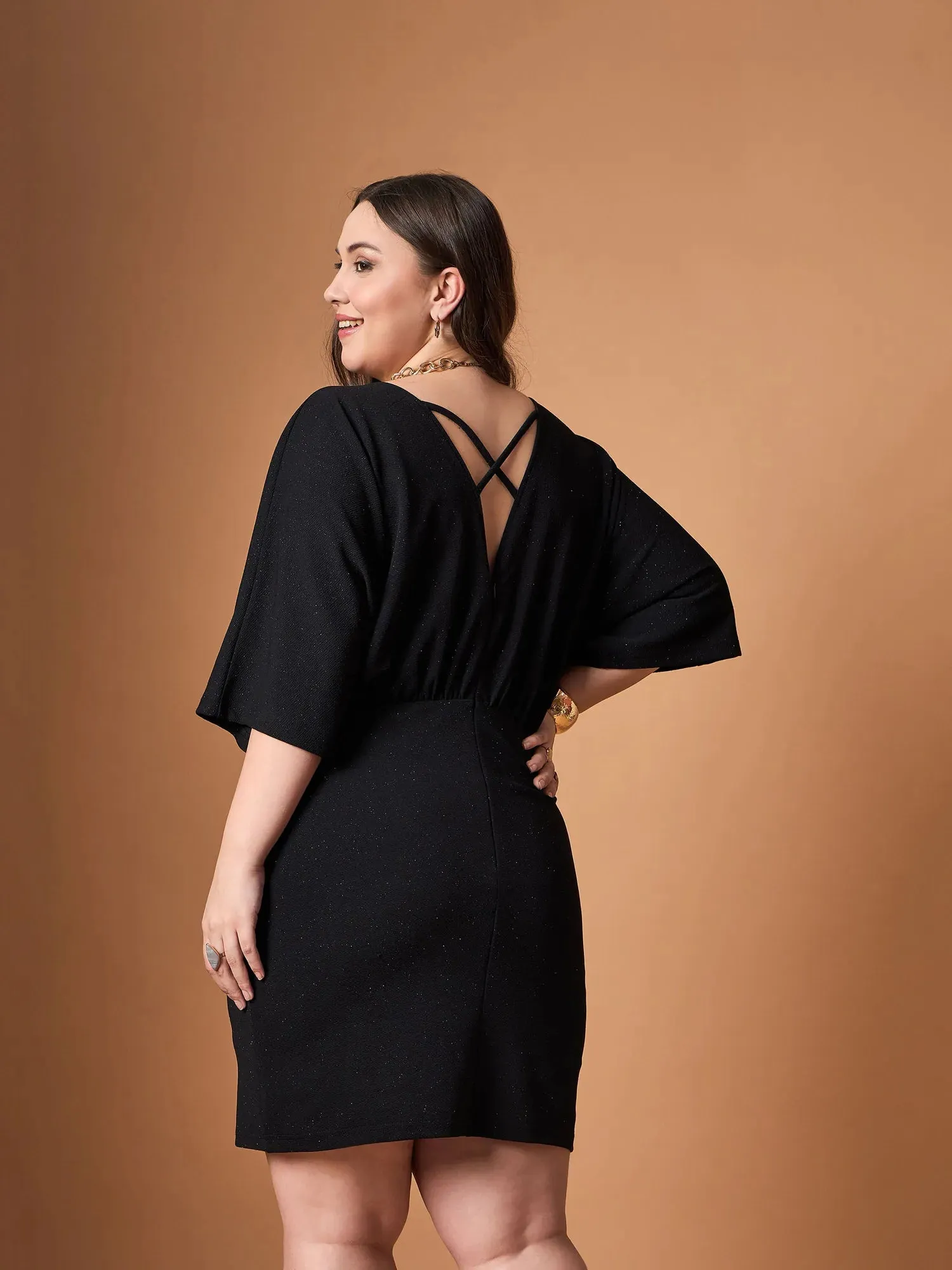Women Black Glitter Bodycon Kimono Sleeves Dress-SFDRSS12463