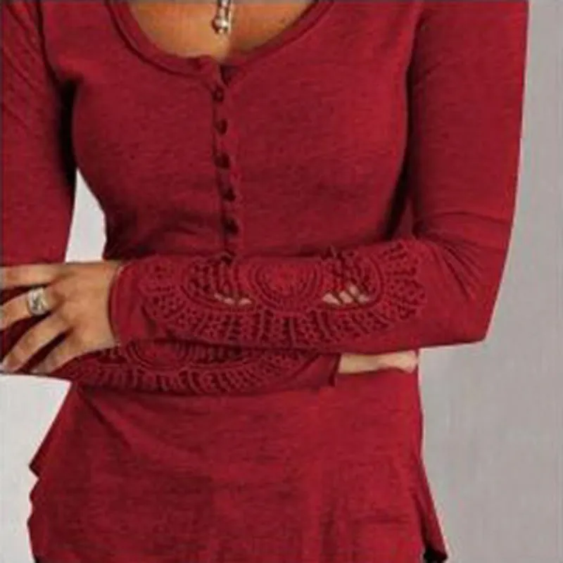 Women Blouses Fashion Long Sleeve Lace Blouse Embroidery Crochet Hollow Out O Neck Plus Size Tops Shirt