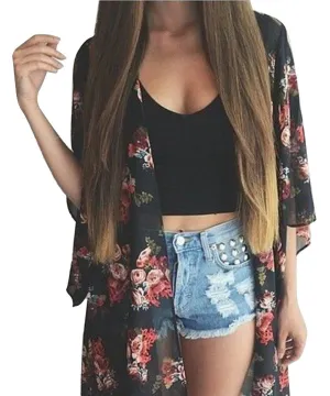 Women Casual Vintage Kimono Cardigan style printed Chiffon Loose Blouse batwing half sleeve Black S--XL 63#