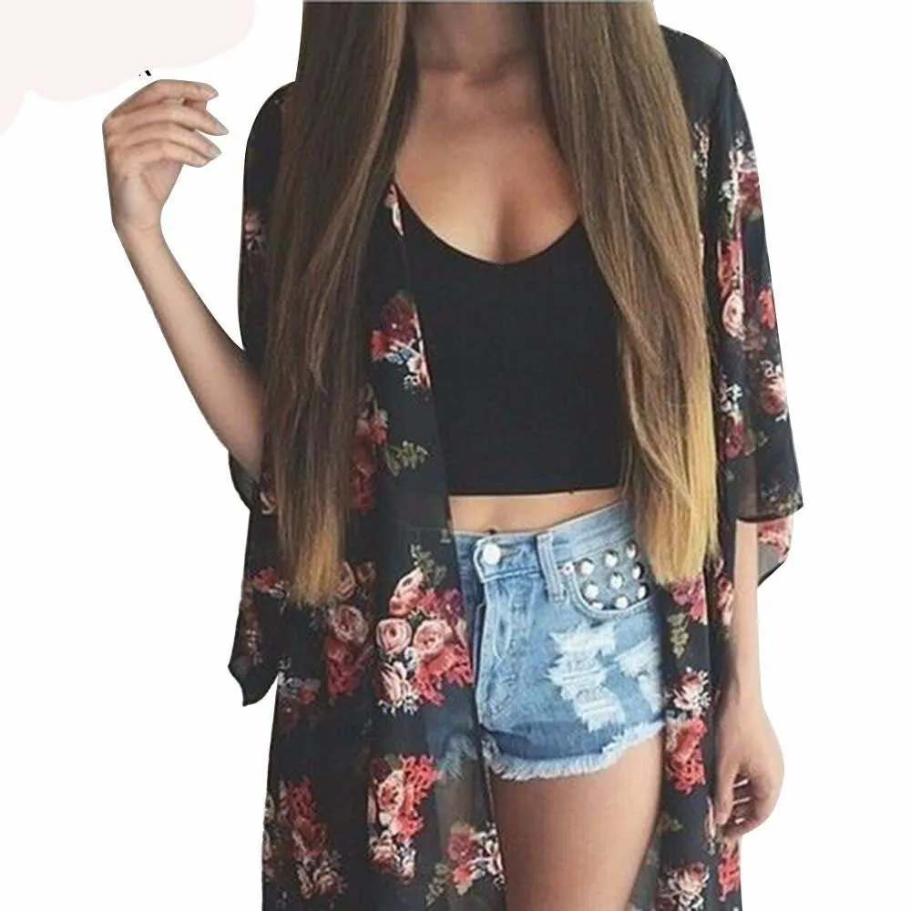 Women Casual Vintage Kimono Cardigan style printed Chiffon Loose Blouse batwing half sleeve Black S--XL 63#