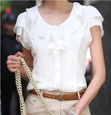 Women Fashion Short Sleeve Ruffles Chiffon Solid White Tops Casual Blouses Shirt