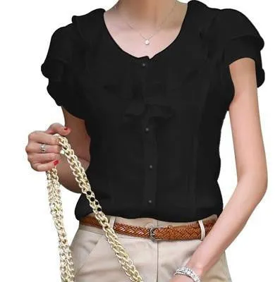 Women Fashion Short Sleeve Ruffles Chiffon Solid White Tops Casual Blouses Shirt