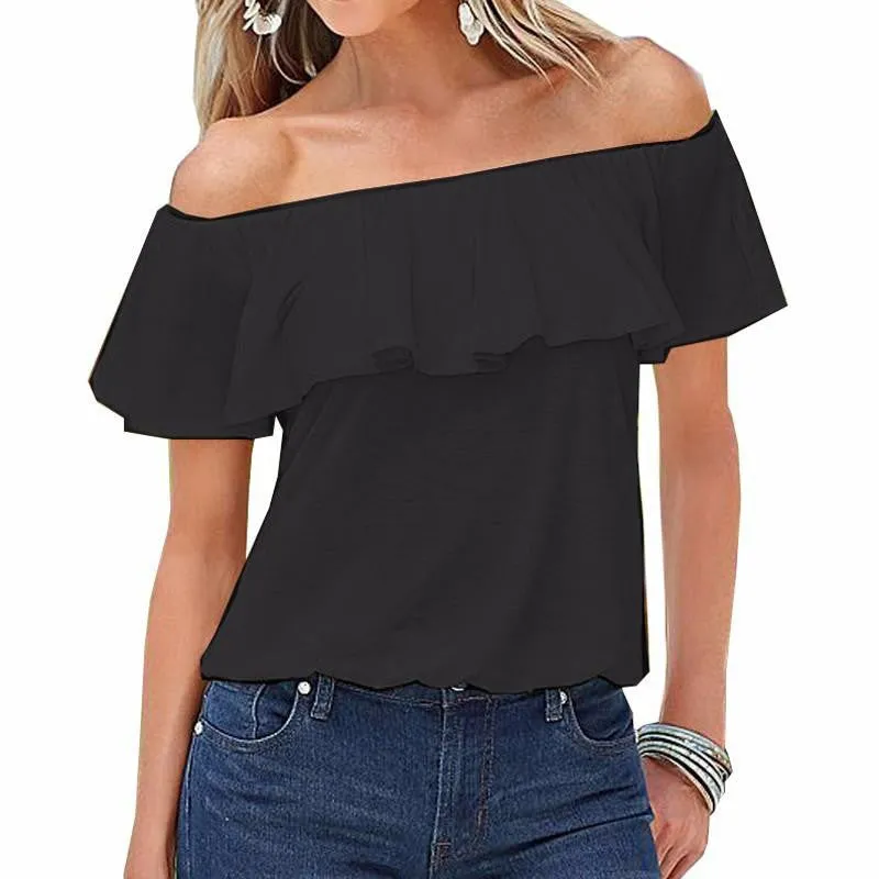 Women Off Shoulder Tee Tops Casual Solid Blouses Ladies Strapless Flouncing Short Sleeve Plus Size Shirt