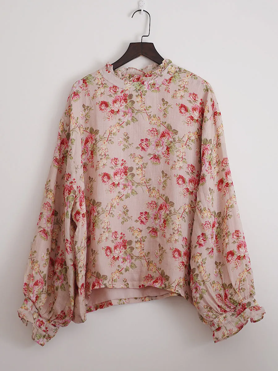 Women Spring Artsy Lace Collar Flower Ramie Shirt