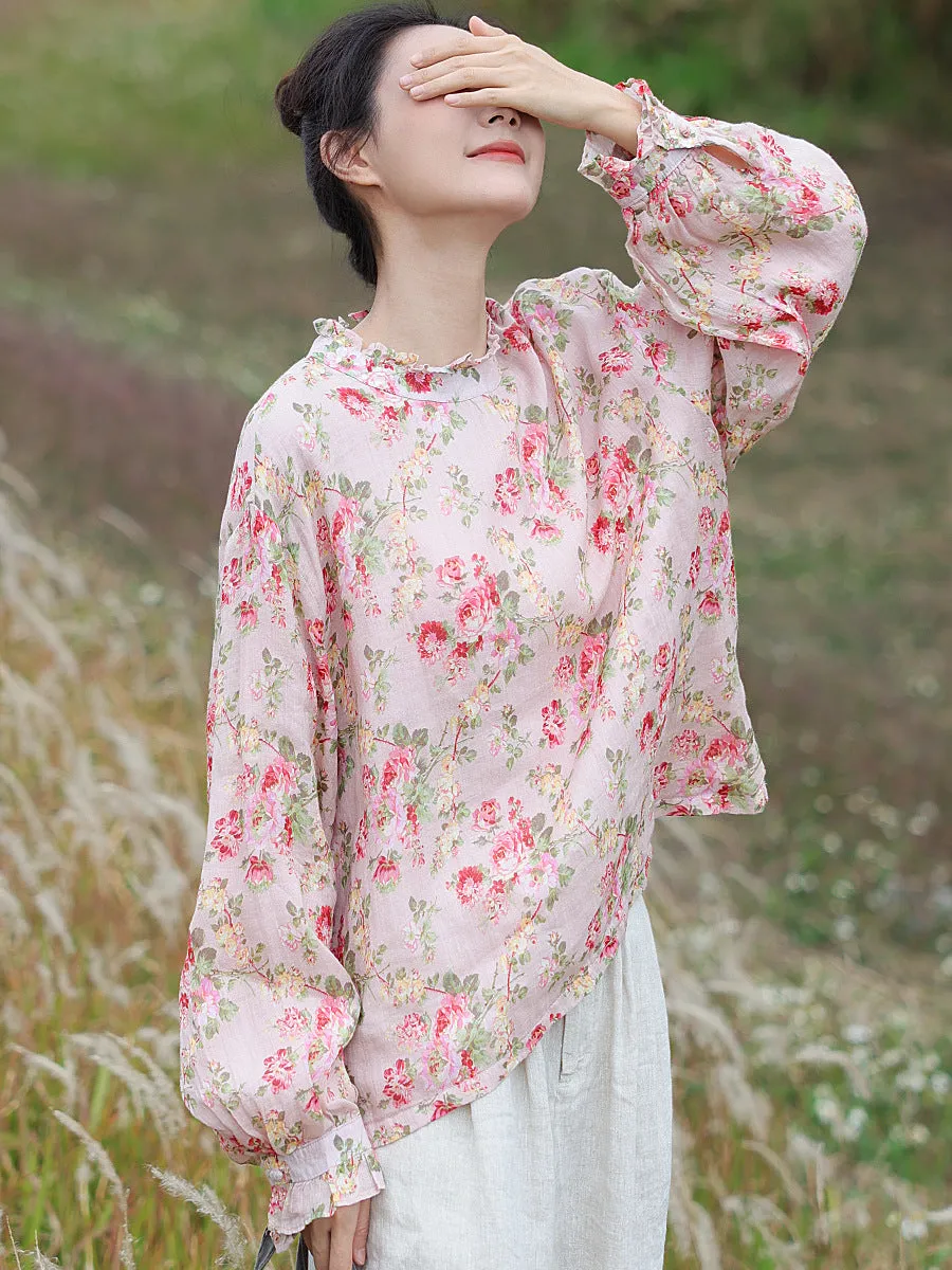 Women Spring Artsy Lace Collar Flower Ramie Shirt