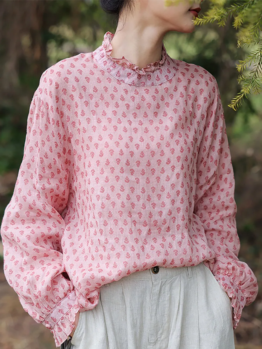 Women Spring Artsy Lace Collar Flower Ramie Shirt