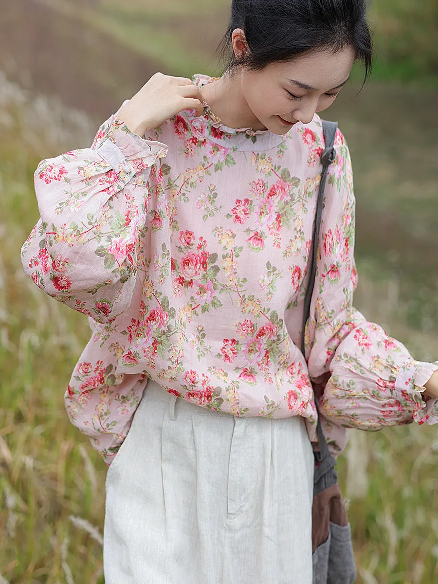 Women Spring Artsy Lace Collar Flower Ramie Shirt