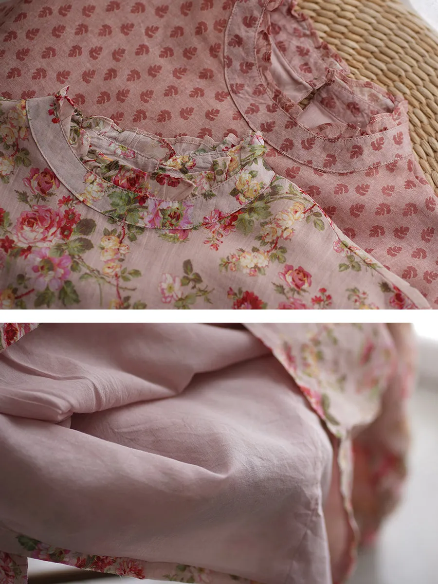 Women Spring Artsy Lace Collar Flower Ramie Shirt
