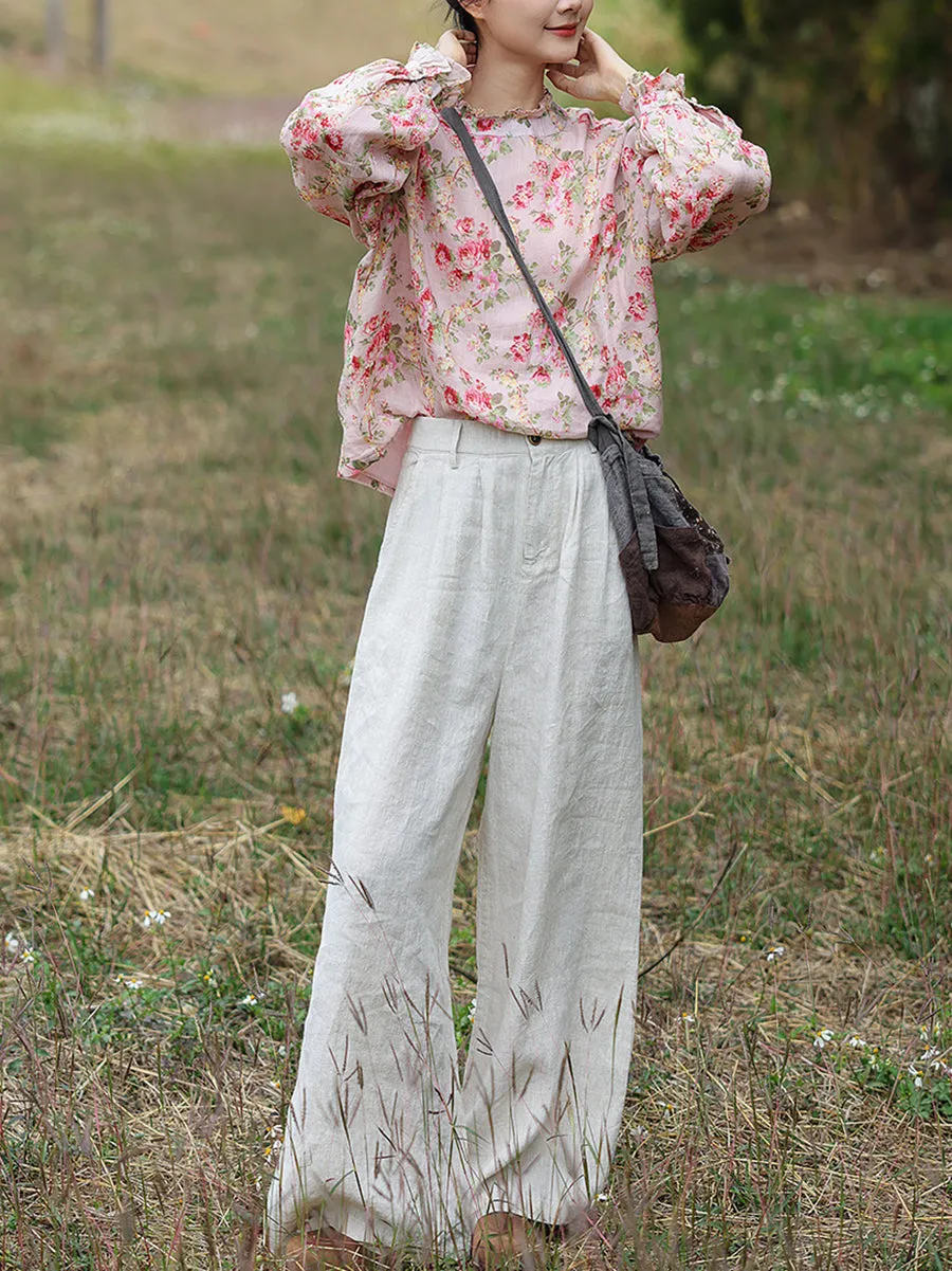 Women Spring Artsy Lace Collar Flower Ramie Shirt