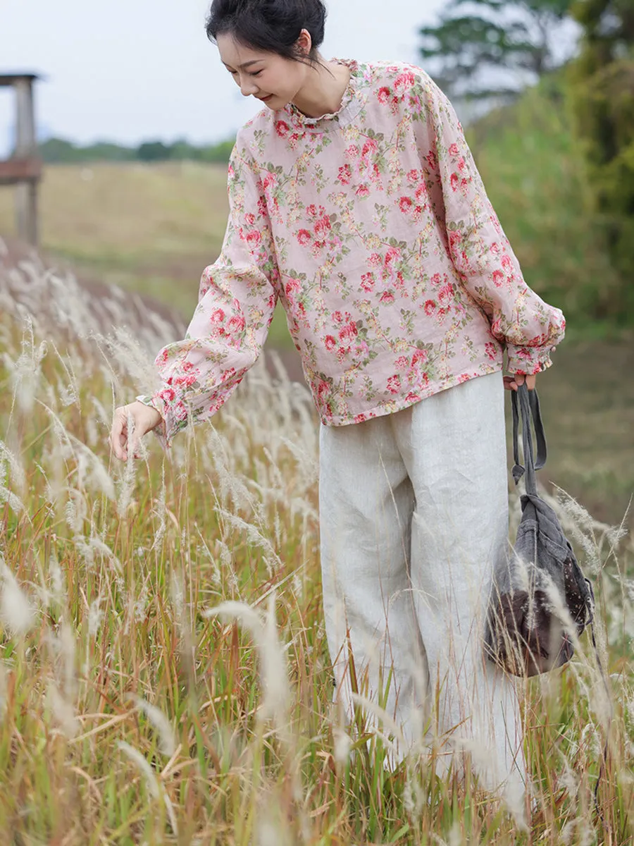 Women Spring Artsy Lace Collar Flower Ramie Shirt