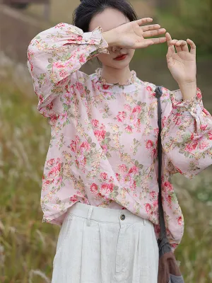Women Spring Artsy Lace Collar Flower Ramie Shirt