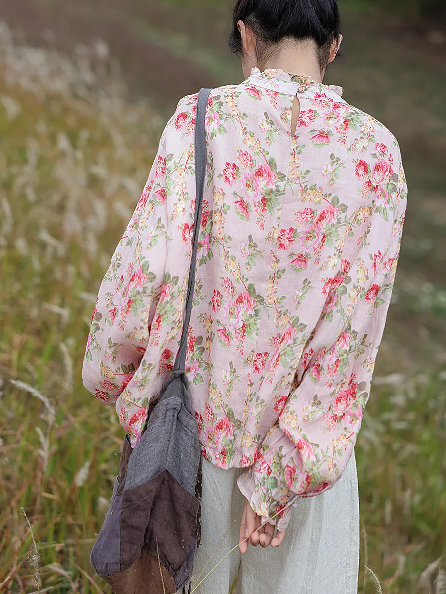 Women Spring Artsy Lace Collar Flower Ramie Shirt