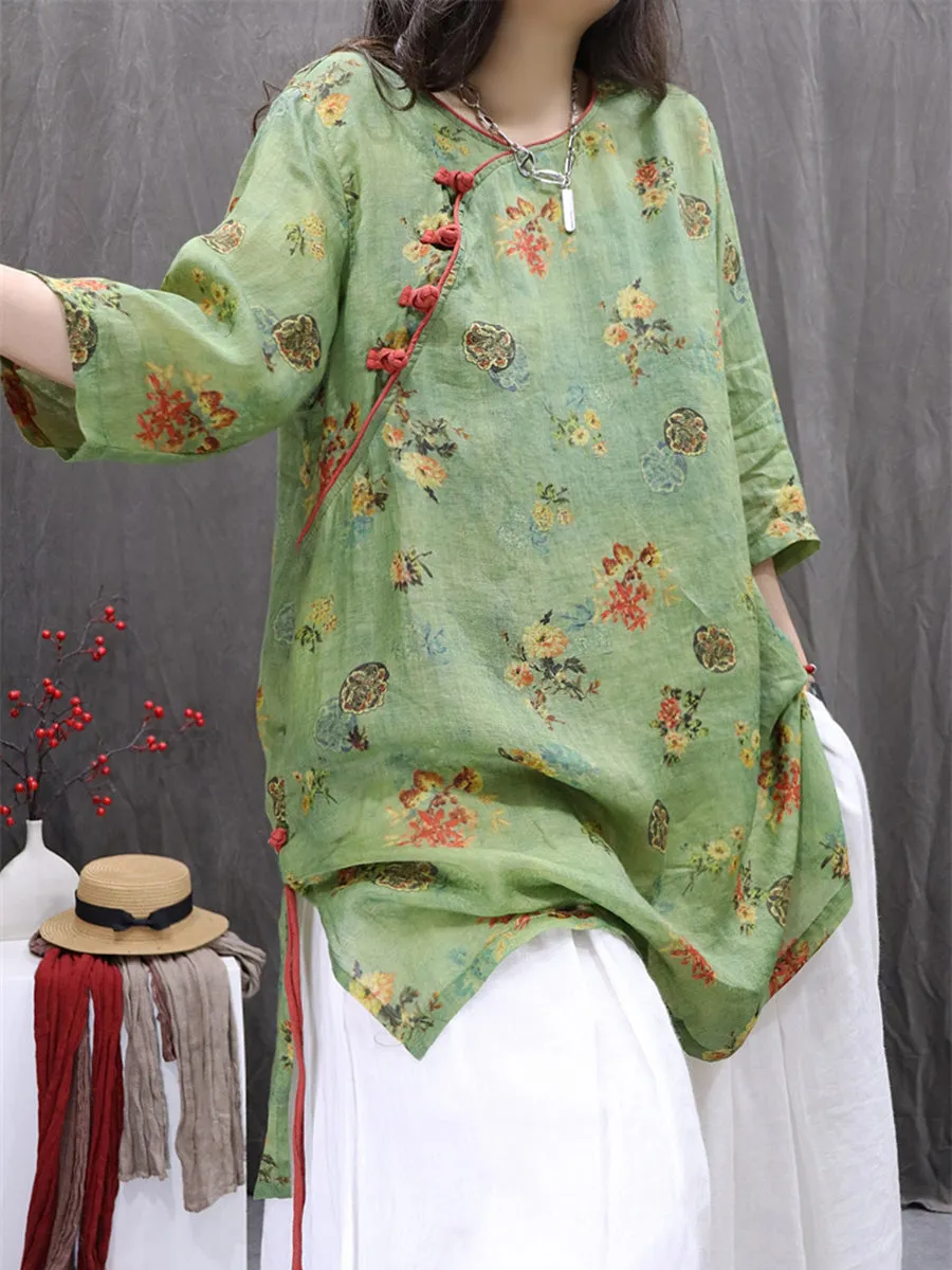 Women Summer Artsy Flower O-Neck 100%Ramie Shirt